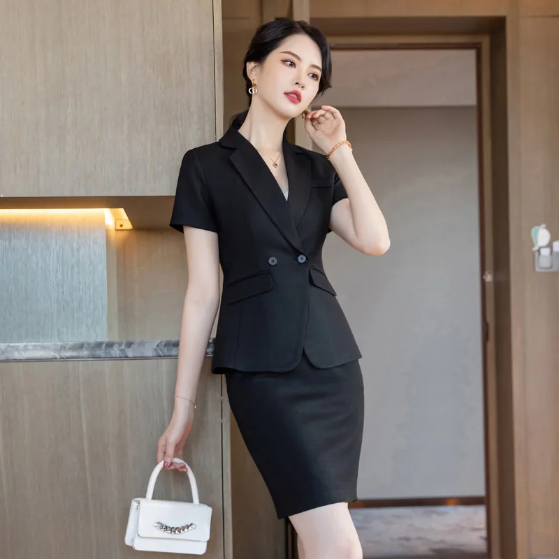 

Summer Formal Women Business Suits Skirt and Jacket Sets Short Sleeve Office Ladies Work Uniform Styles Black Blazer