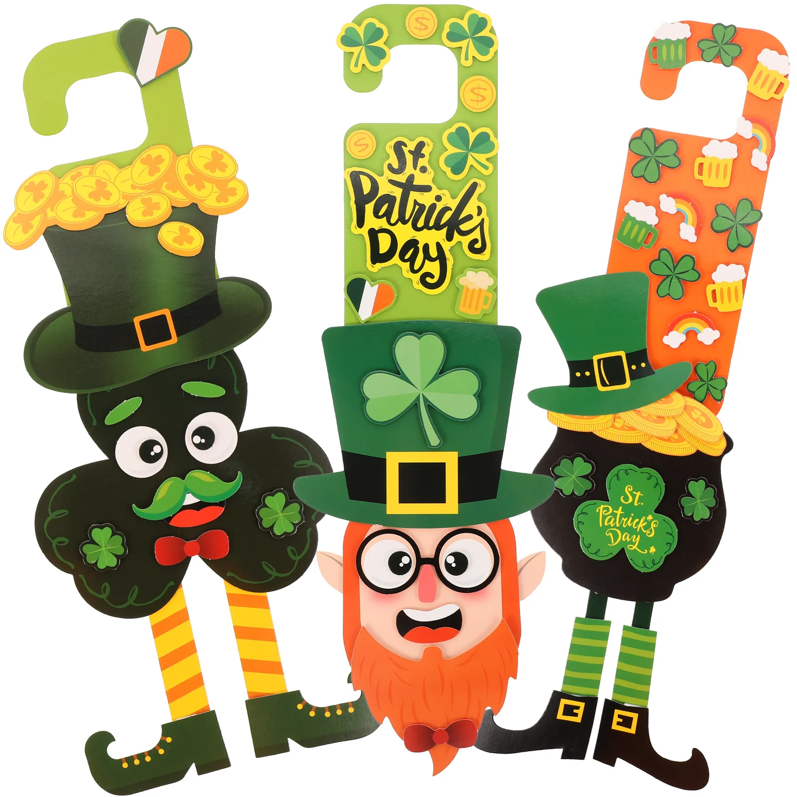 

3 Sets St. Patrick's Day Wall Stickers Shamrock Gnome Stickers Door Knob Hanging Signs