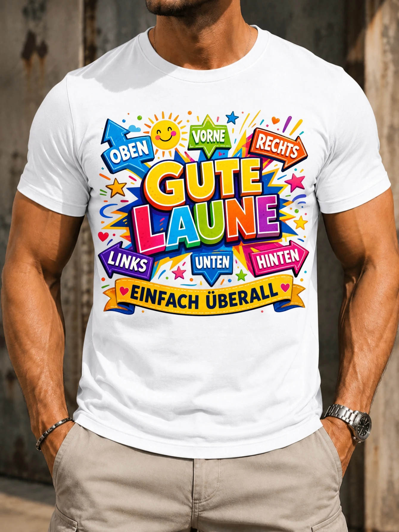 Фото Футболка унисекс Gute Laune Einfach Uberall Sun Arrows с радужными цветами, сердечками, звездами и позитивным немецким настроением №1