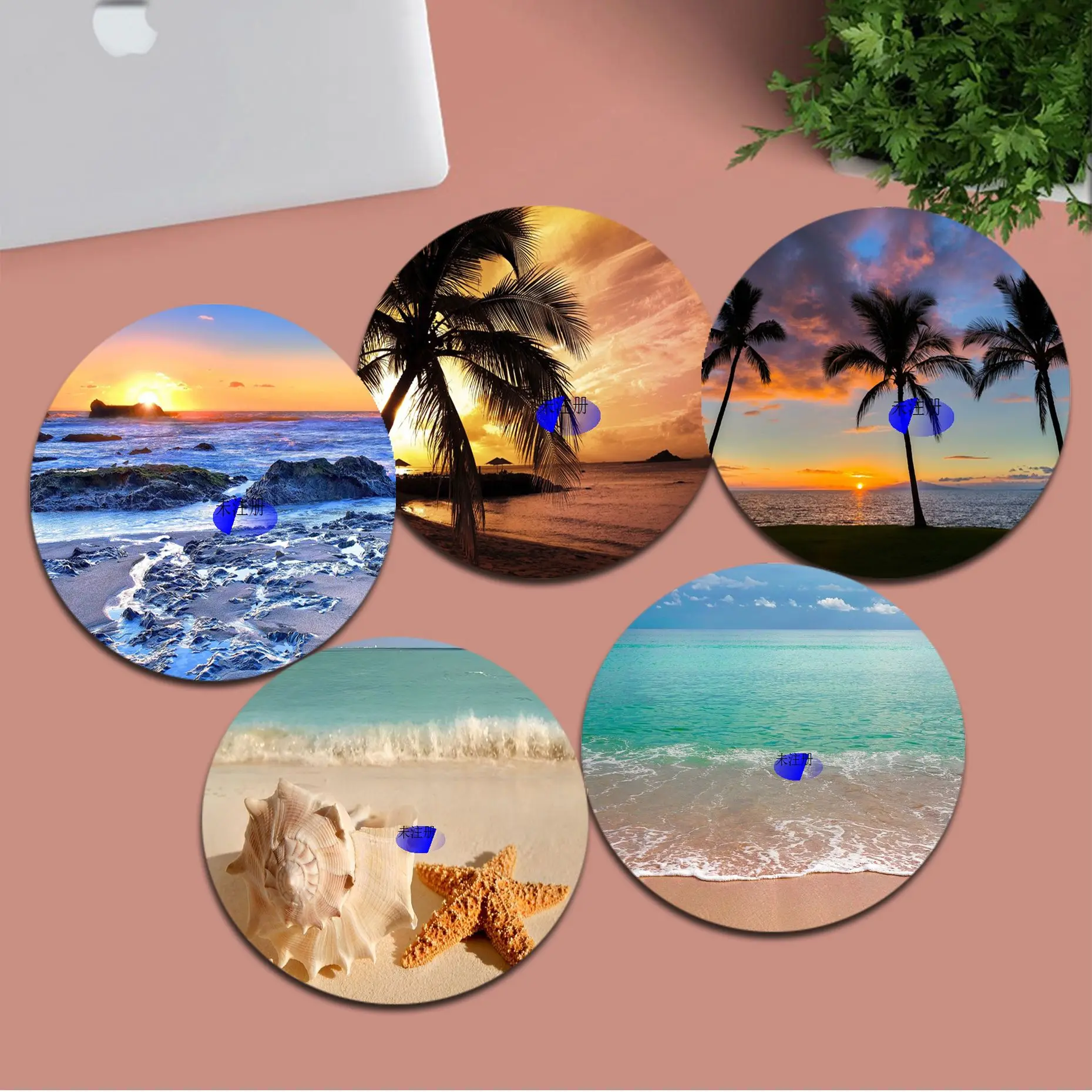 

Beach Waves Palm Landscape Anti-Slip Round Thickened Mouse Pad Oversized Gaming Mat Desk Set Accessories for PC Computer Table