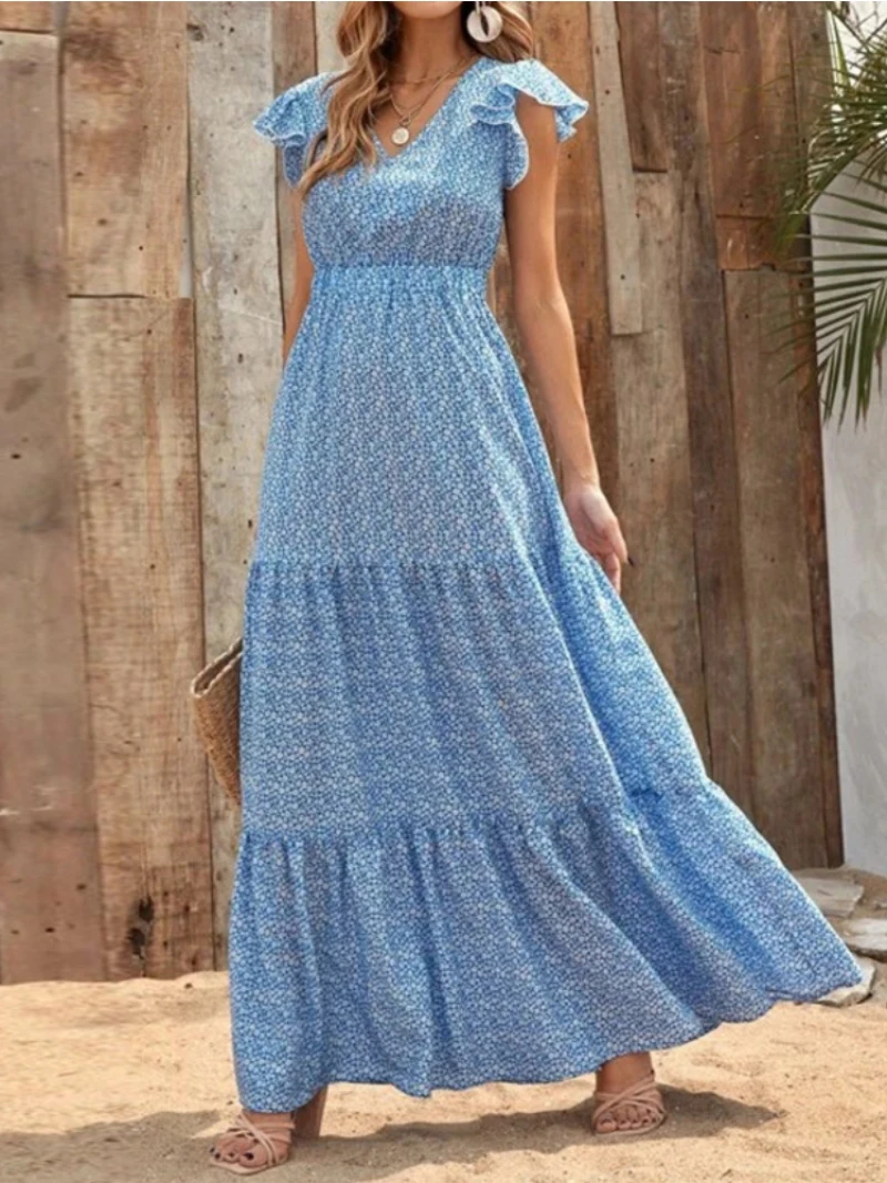 

Floral Print Summer Beach Dress for Women Bohemian Ladies V-neck Short Sleeve Female Robe Vintage Boho Maxi Dresses