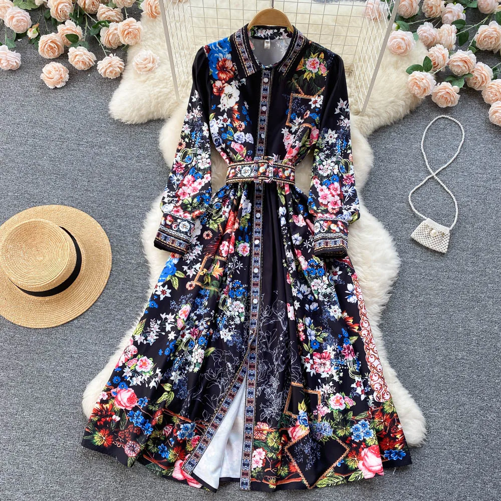 

Женское платье с длинным рукавом, облегающее однобортное платье средней длины с принтом и воротником-стойкой, весна-осень 2022