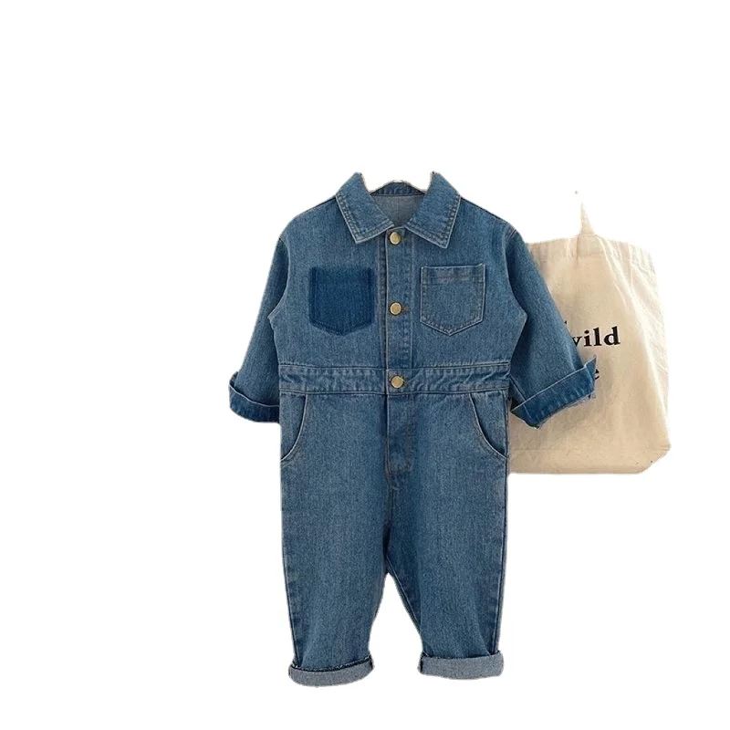 

Детский джинсовый комбинезон на пуговицах, с длинным рукавом
