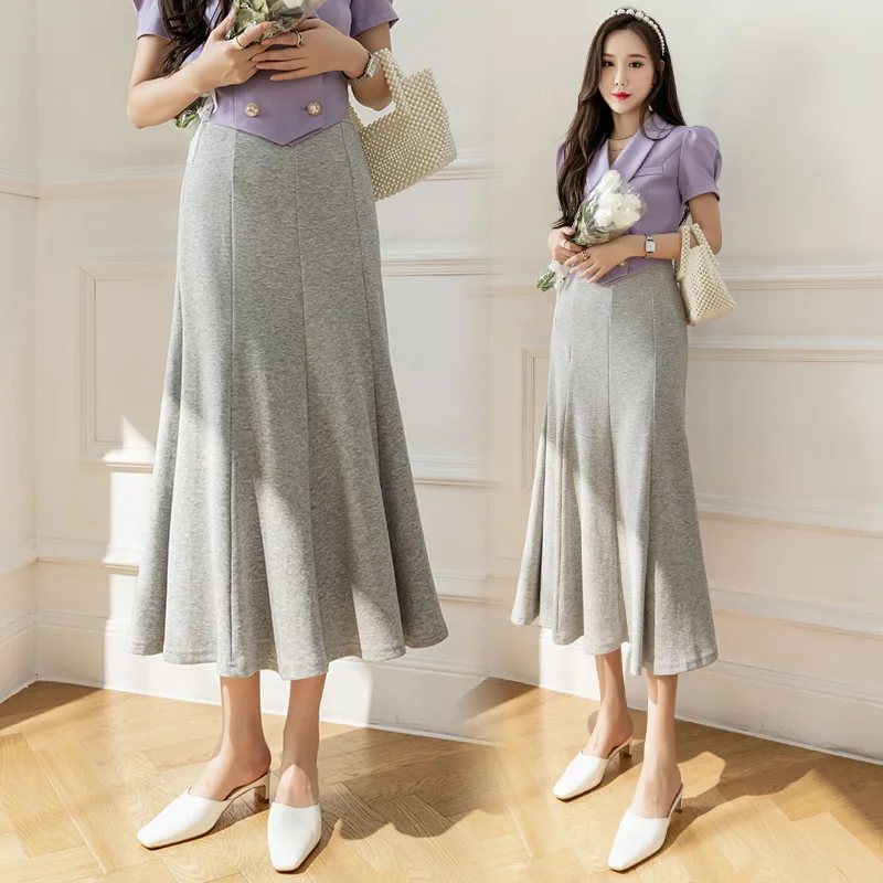 

Elegant Fashion A-line Mermaid Skirt Women 2022 Spring Summer New Elastic High Waist Knit Midi Skirt Female Casual Long Skirts