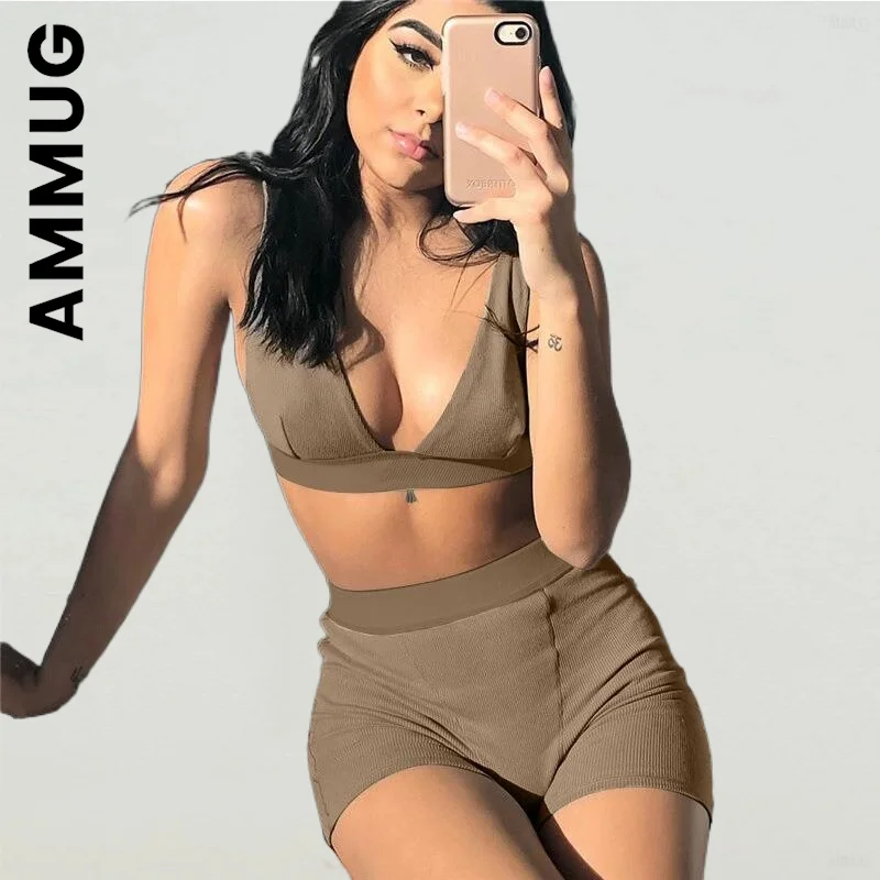 

Ammug Women Set New Vintage Short Pants Sleeveless Strap Bra Tank Two Piece Set High Waist Sets Sexy Female Tracksuit Set