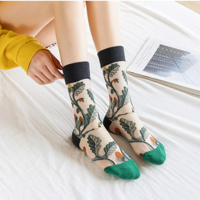 

Women Transparent Mesh Glass Silk Socks Summer Crystal Lace Solid Sock For Ladies New Elastic Sexy Ultrathin Designer Socks