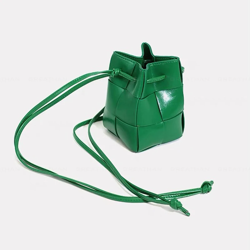 

GreatHan Mini Genuine Leather Woven Bucket Bag with Knot Shoulder Strap Drawstring Luxury