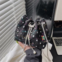 crossbody chain bag reflective sequins handbag drawstring bag shoulder bag for women fashion phone pouch bucket bag