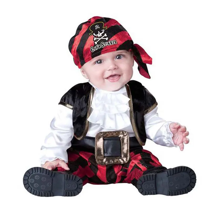 Baby Jungen Mädchen Kapitän Pirate Kostüm Infant Kleinkind Romper Overall 4 PC Set Halloween Purim Party Phantasie Kleid Rot Streifen