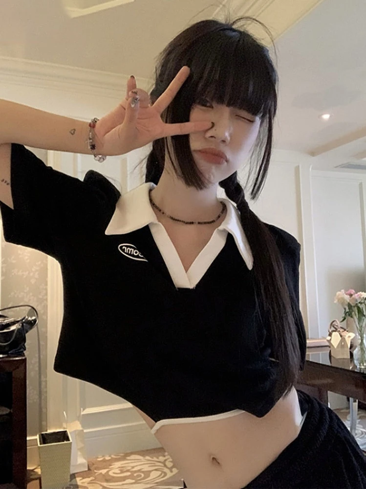 

2023 Summer Bandage Loose T-shirts Casual Turn Down Collar Cropped Top Women Short Sleeve Contrast Color Sexy Y2k Aesthetic Tees