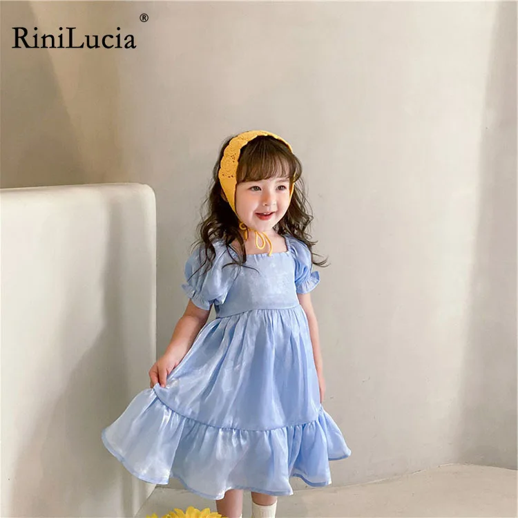 

RiniLucia Kids Girls Dresses 2022 New Summer Solid Princess Dresses Children Clothing Baby Puff Sleeve Casual Clothing Vestidos