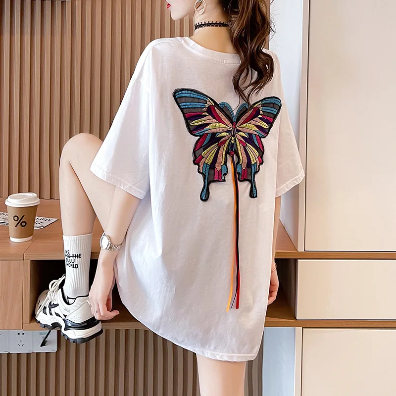 

Summer New Women Fashion T-Shirts Embroidery Butterfly Short Sleeve Casual Clothing Women's Loose Clothing Tops Tees Y2k Top