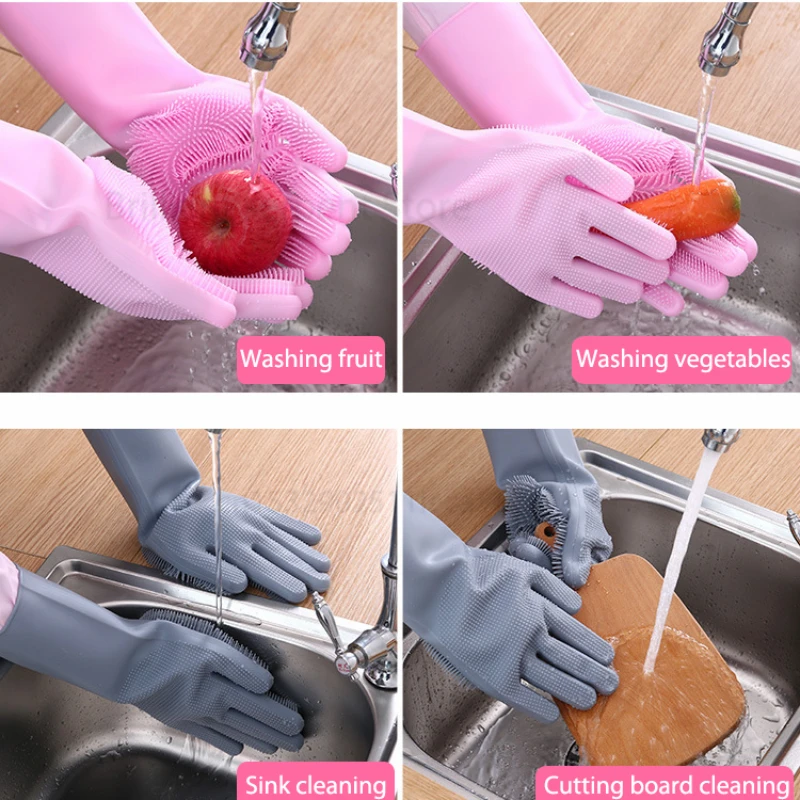 

1 Pair of Magic Silicone Cleaning Gloves Silicone Household Scrubber Rubber Kitchen Cleaning Tools Dishwashing Gloves