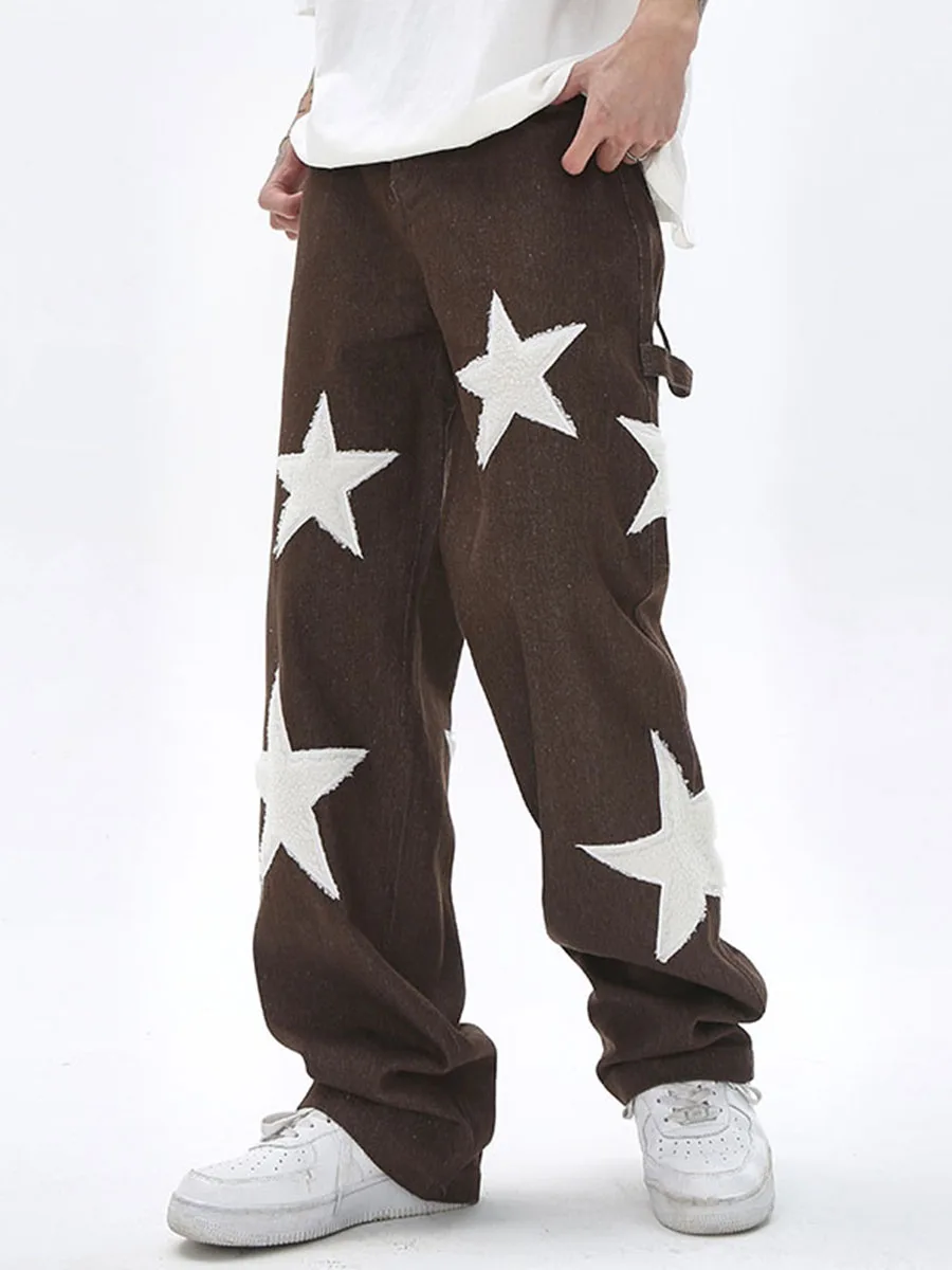 Four Seasons Star Embroidered Side Belt Streetwear Men's Jeans Retro Harajuku Patchwork Loose Casual Denim Trousers Ins Hot Sale