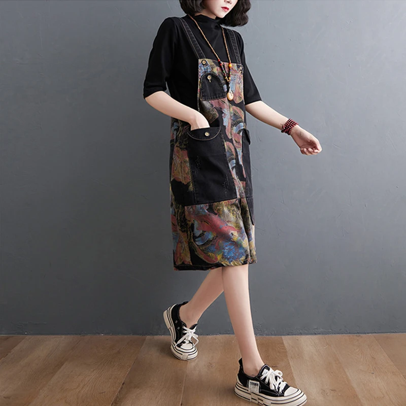 Aricaca High Quality Women Loose Flower Printed Bib Overalls Women Summer Stitched jeans Rompers Shorts