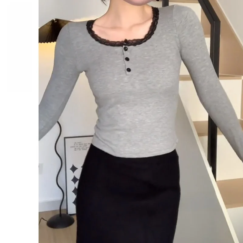 Серая кружевная нижняя рубашка Dralon женская осенне-зимняя футболка с длинными