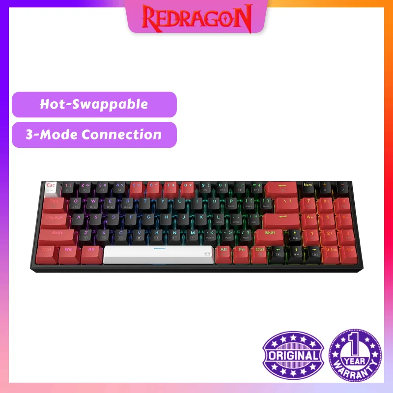 Redragon K628 PRO 75% 3-Mode Bluetooth 2.4Ghz Wireless RGB USB LED Gaming Keyboard 78 Keys Hot Swappable Compact Mechanical