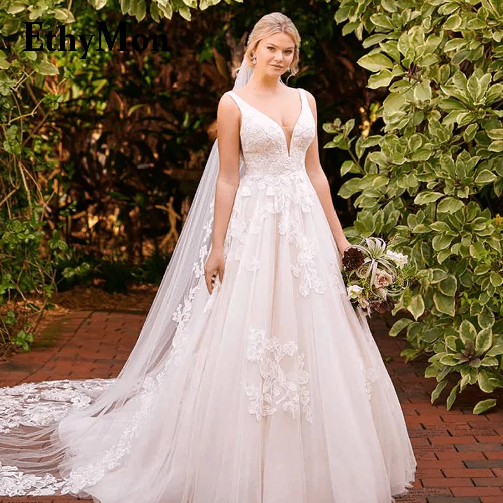 

Ethymon Generous A-line Wedding Gown For Bride V-neck Lace Appliques Court Train Backless Tulle Robe De Mariée Custom Made