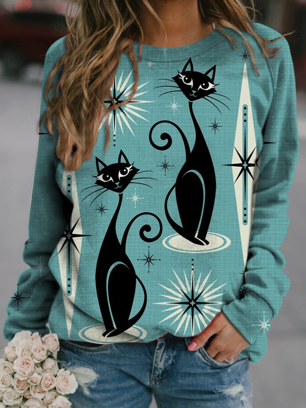 Свитшот женский с длинным рукавом и 3D-принтом кошек в готическом стиле |