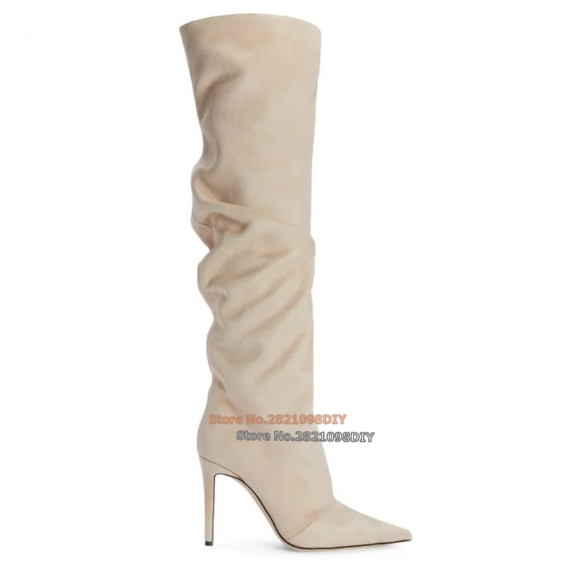 Pointed-Toe High Heel Boots Women Nude Beige Knee High Crafted Suede Effect Leather Long Soft Shaft Stiletto Heels Bootie
