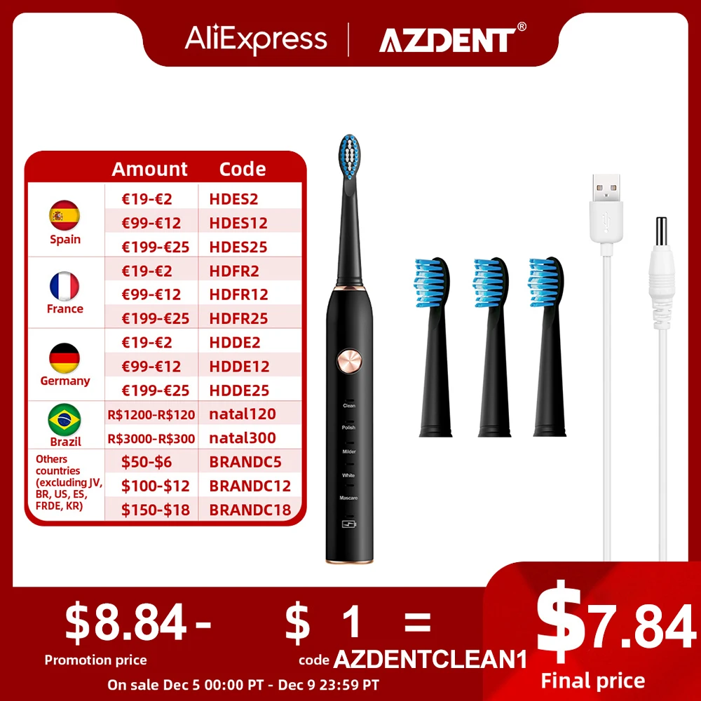 AZDENT Sonic Electric Toothbrush USB Charger Rechargeable Tooth Brushes Replacement Heads Set Adult Timer Brush 5 Modes