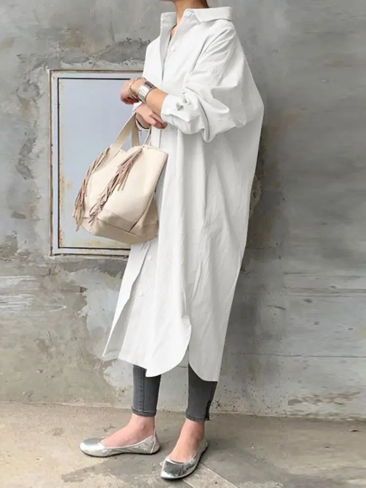 

Women Autumn Sundress ZANZEA 2022 Stylish Solid Shirt Dress Long Sleeve Midi Vestidos Female Casual Lapel Button Robe Femme