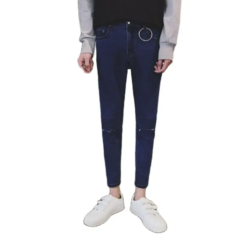 

Wholesale 2022 Fashion Denim Jeans Thin Knee Hole Small Feet Black Slim Teenagers Cowboy Students Pants Summer Men Trousers