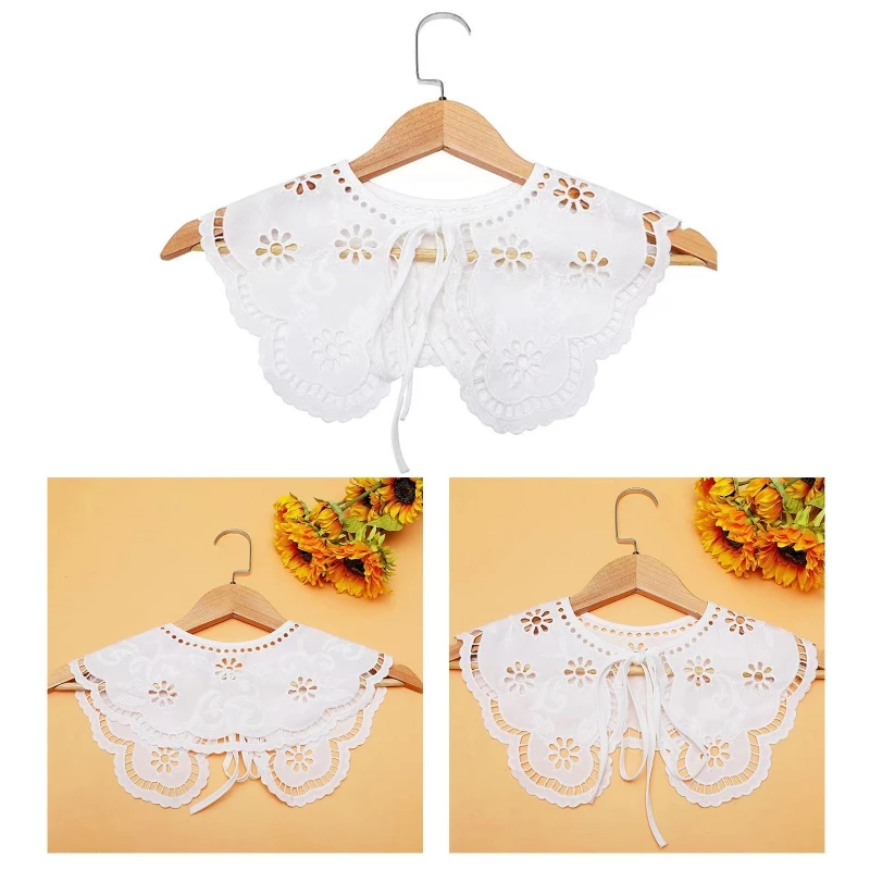 

Women Lace-Up Bowknot Detachable Doll Collar Shawl Hollow Out Embroidery Sun Flower Scarf Sweet Wave Trim Lace Capelet Poncho