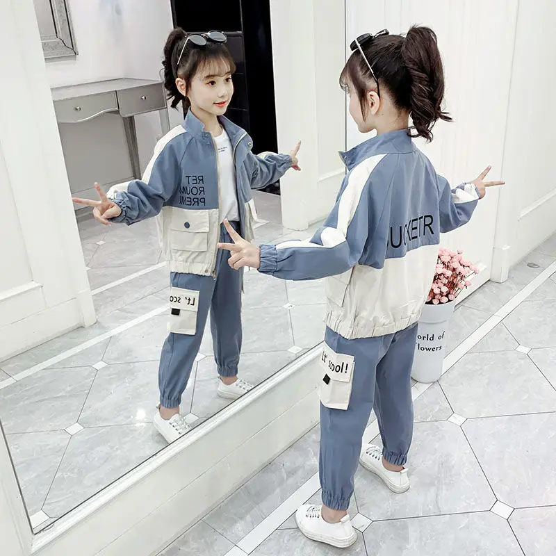 Children Campus Sportswear Teen Girls Clothing Set 2 Pcs Spring Autumn Trench+ Overalls Suit Tracksuit Kids Leisure Clothes Set