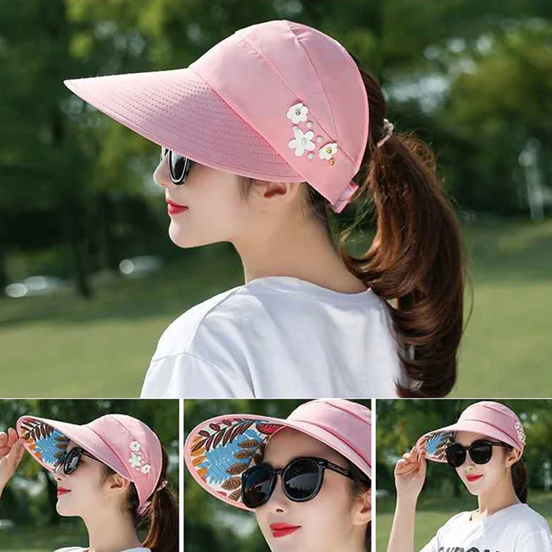 

Summer Hats For Women Foldable Sun Hat Pearl Flower Visor Sunscreen Floppy Cap Female Outdoor Casual Baseball Cap Hat For Woman