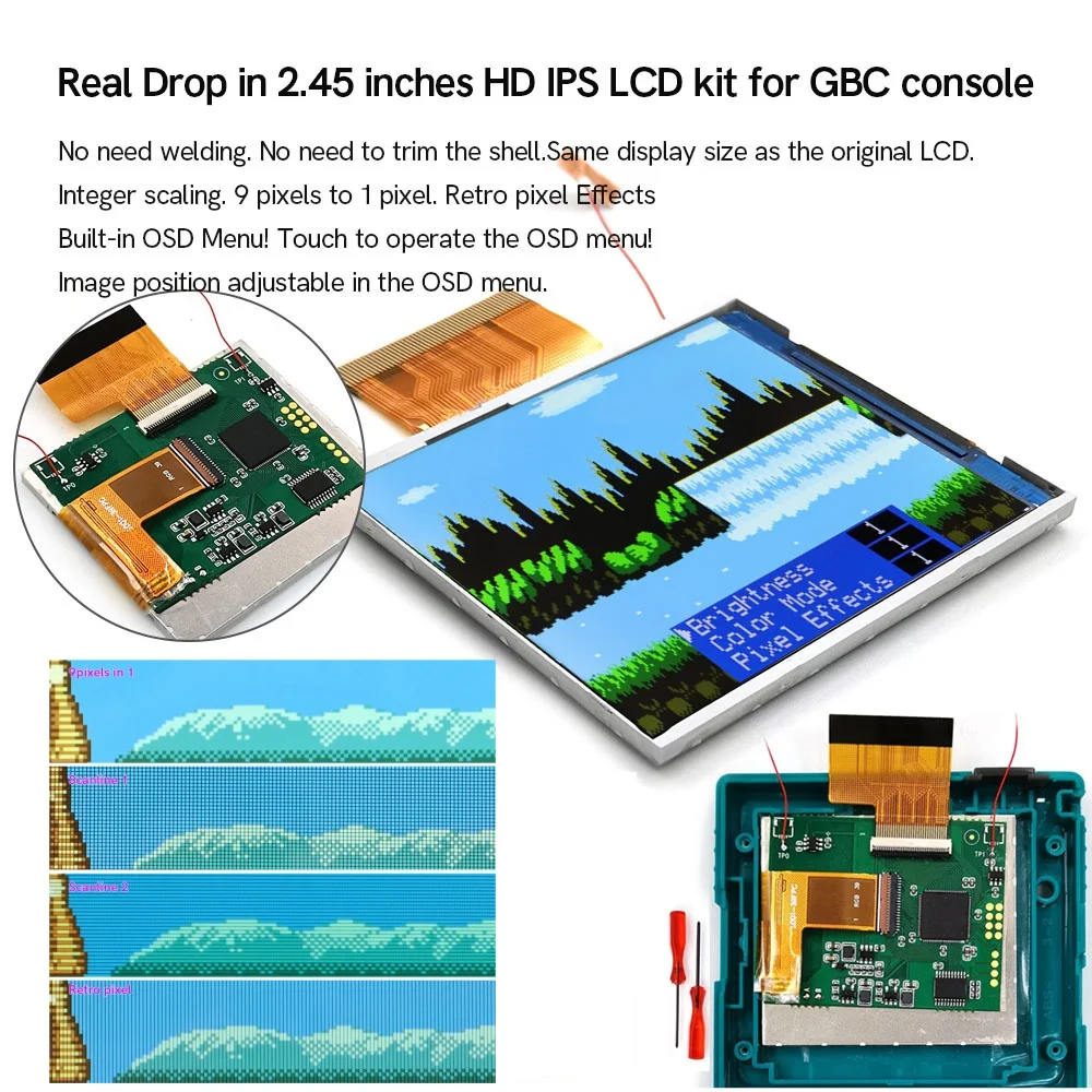 Фото Перезаряжаемый модуль для GBC с 2,45-дюймовым IPS-экраном с подсветкой, комплект для замены, простая установка, эффект пикселей OSD, не требует пайки. №2