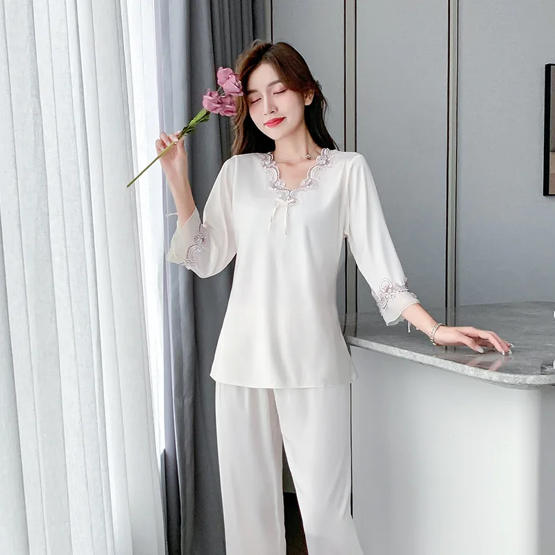 Silk Women's Pajama Set 2 Pieces Lace V Neck Solid Summer Spring Ladies Satin Sleepwear Long Sleeve Pyjama Suit For Female