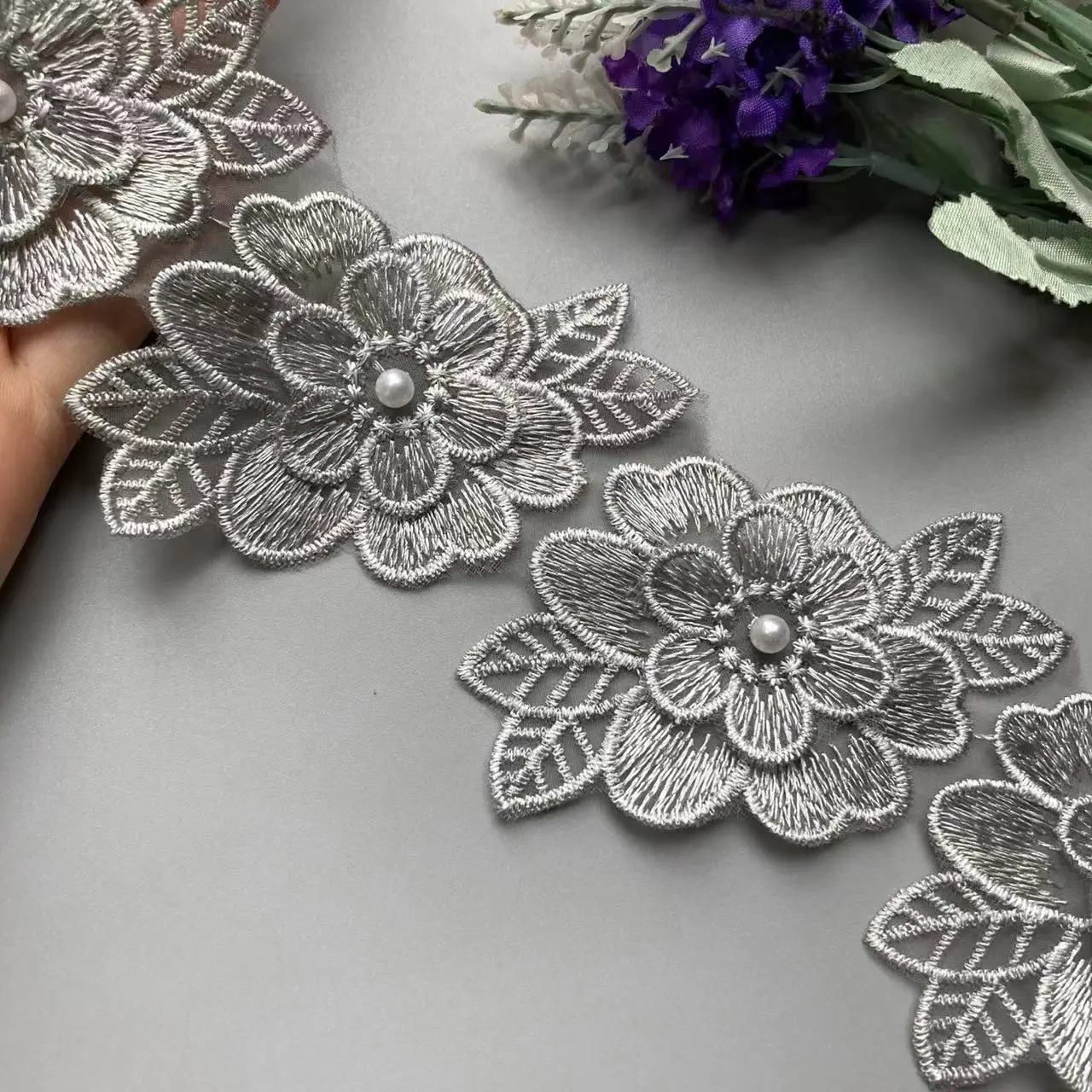 

1 yard Gray Flower Pearl Embroidered Lace Trim Ribbon Fabric Patchwork Wedding Dress DIY Sewing Supplies Craft 6cm Width New