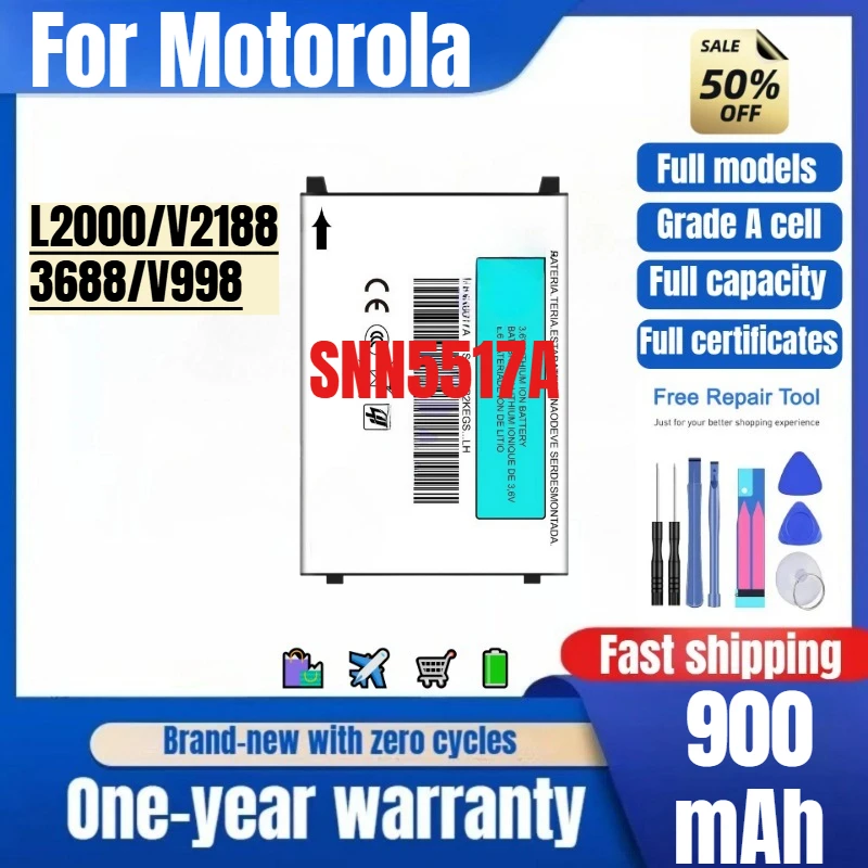 Фото Аккумулятор SNN5517A для телефонов Motorola L2000/V2188/3688/V998, высококачественная сменная батарея повышенной емкости, класс А, с инструментами для замены. №1