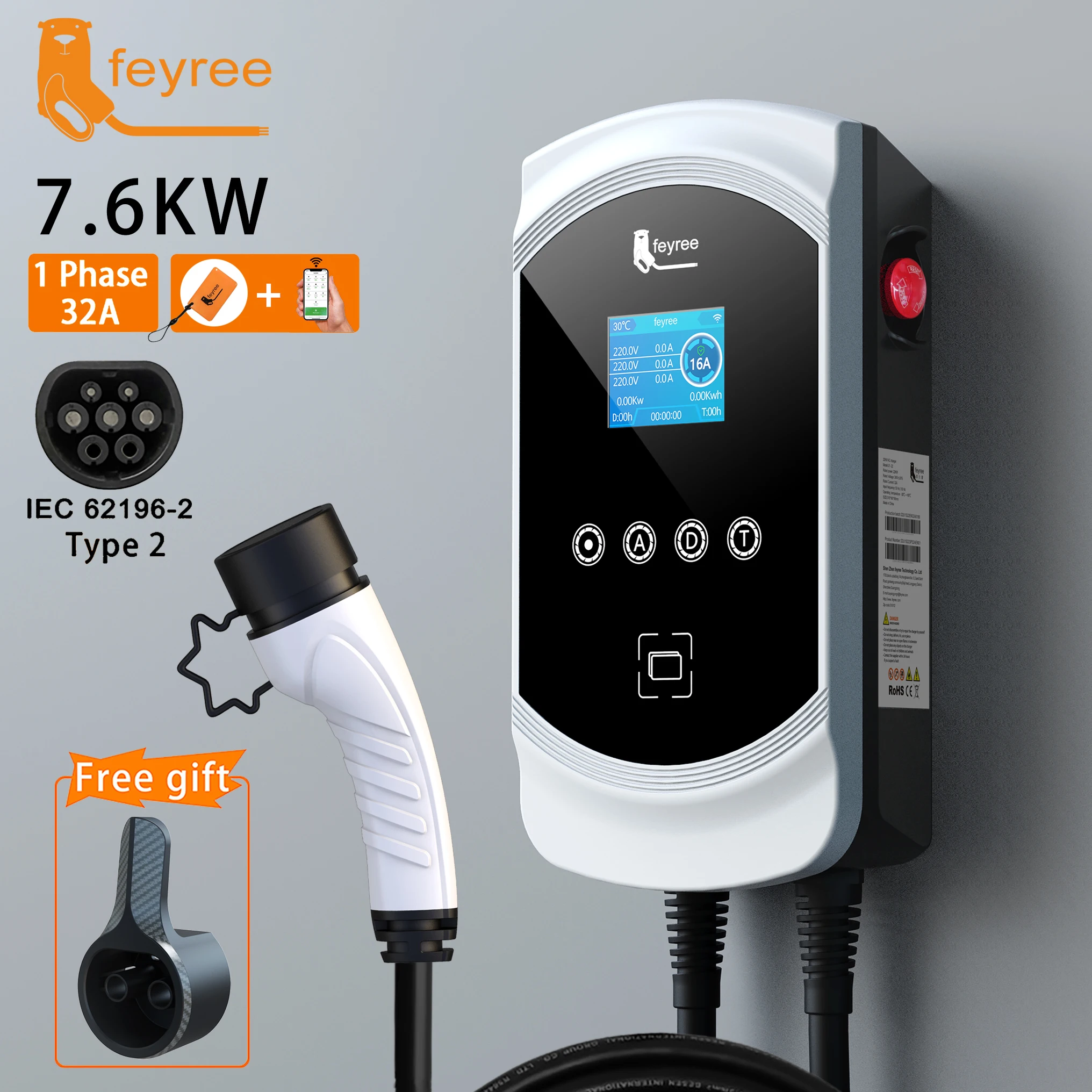 Feyree Ev Charger 32A 7.6Kw Caricabatteria Da Auto Per Veicoli Elettrici Evse Wallbox 11Kw 22Kw 3Phase Type2 Cable Iec62196-2 Socket App Control