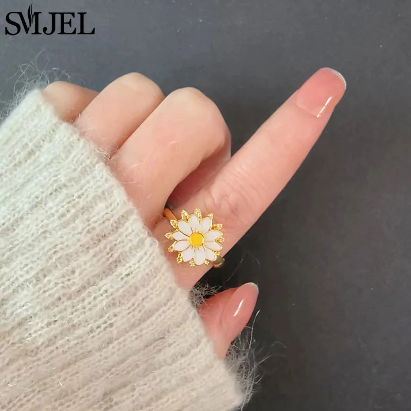 Фото Модное кольцо Bohemia Fashion Sunflower с вращающимся цветком-маргариткой для женщин, минималистичное, антистрессовое, оптом №2