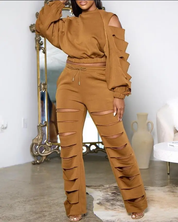 

Two Piece Sets Womens Outifits Casual Cutout Long Sleeve Drawstring Long Sleeve Top & High Waist Pants Set Clothes for Women New