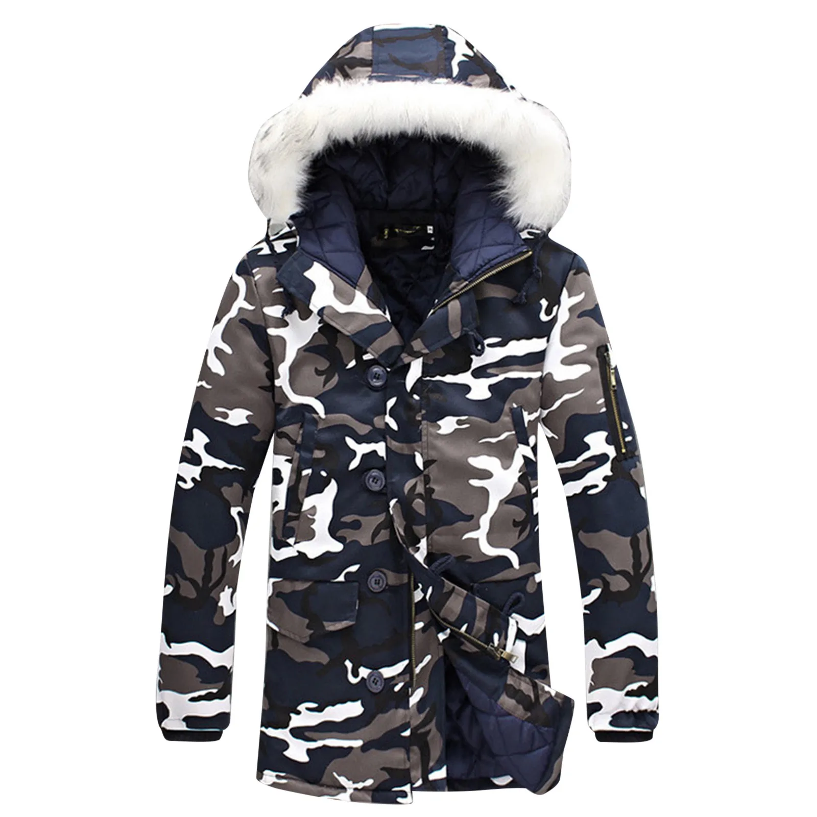 

Men's Warm Overcoat Oversized Faux-Fur Hoodie Camouflage Print Thickened Winter Sweater Coat with Zipper and winter jacket men