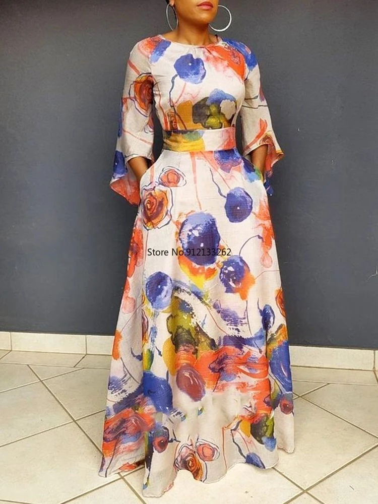 

Африканские платья для женщин, Осеннее элегантное Африканское женское длинное платье с длинным рукавом и круглым вырезом из полиэстера, пл...