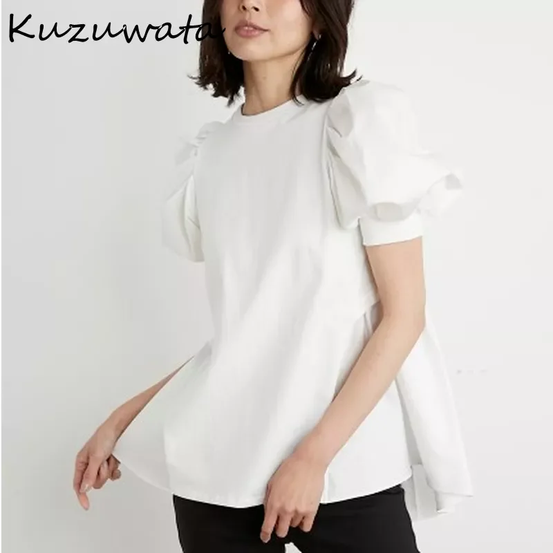 

Новинка 2022, летние футболки с круглым вырезом и пышными рукавами, повязка с бантом в стиле пэчворк, однотонные футболки, милая одежда в японс...