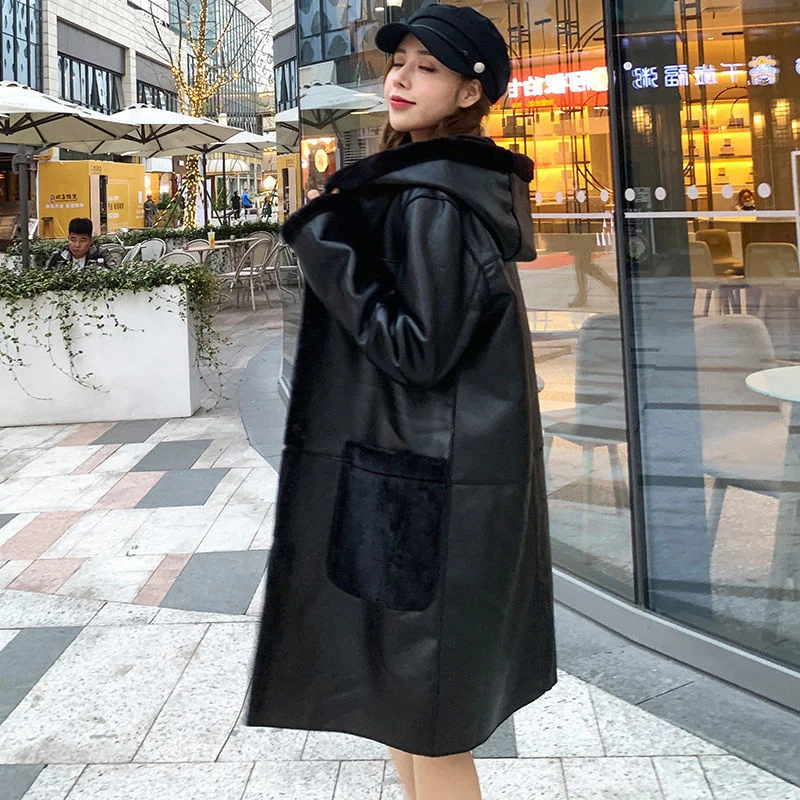 Winter Female 200 kg Hooded PU Leather Women Medium Long Imitation Fur One Coat Fur Shearling Slim Jacket  Women Stitching Coat