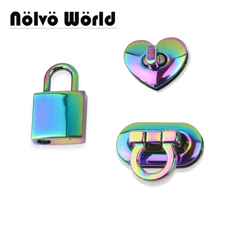 10-20pcs 3 Size Rainbow Custom Metal Purse Hardware Leather Crossbody Wallet Turn Twist Clasp Heart Lock For Women Bags