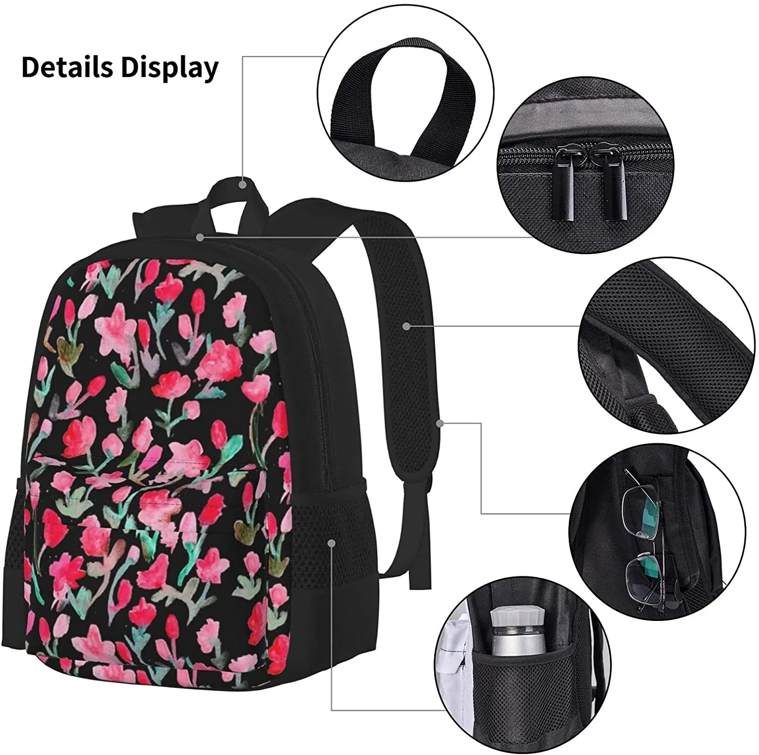 Abstract Flowers On Black Backpack Set 3-Piece Teen Boys Girls Backpack Messenger Lunch Bag Pencil Case Set