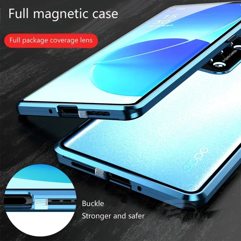 Фото Металлический магнитный чехол для телефона OPPO Reno 11 13A 12 14 FS 10 15 Pro Max 5G с двусторонним закаленным стеклом и защитой объектива №4