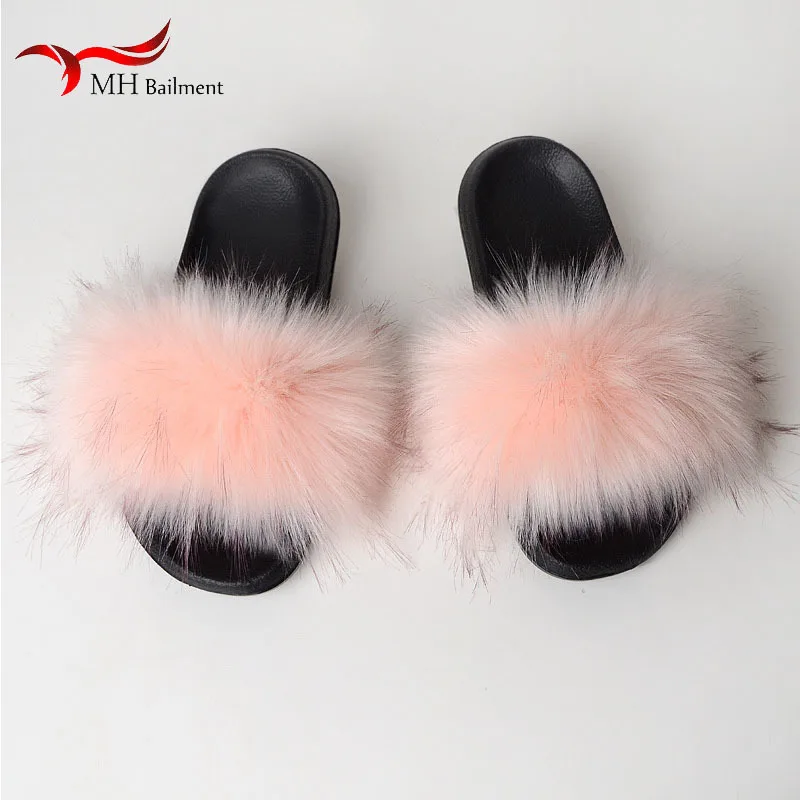 Women Summer New Artificial Fox Fur Slippers Indoor Home Furry Cute Faux Raccoon Fur Non-slip Home Shoes Outdoor Beach Sandals