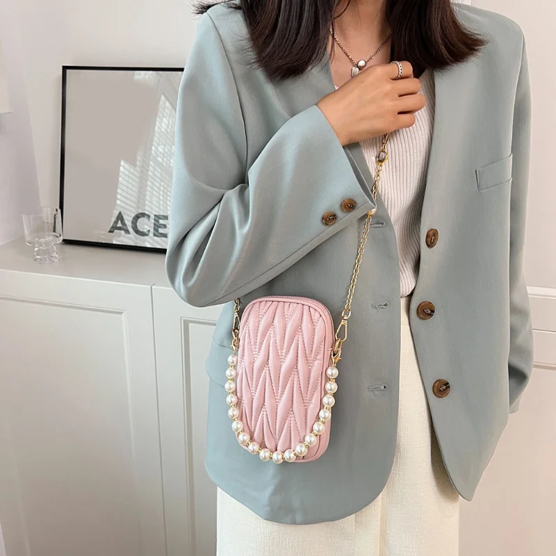 Women's Luxury Brand Design Pearl Chain Mini Shoulder Bag PU Leather Rhombus Pattern Phone Pouch Female Tote Purse Wallet Femele