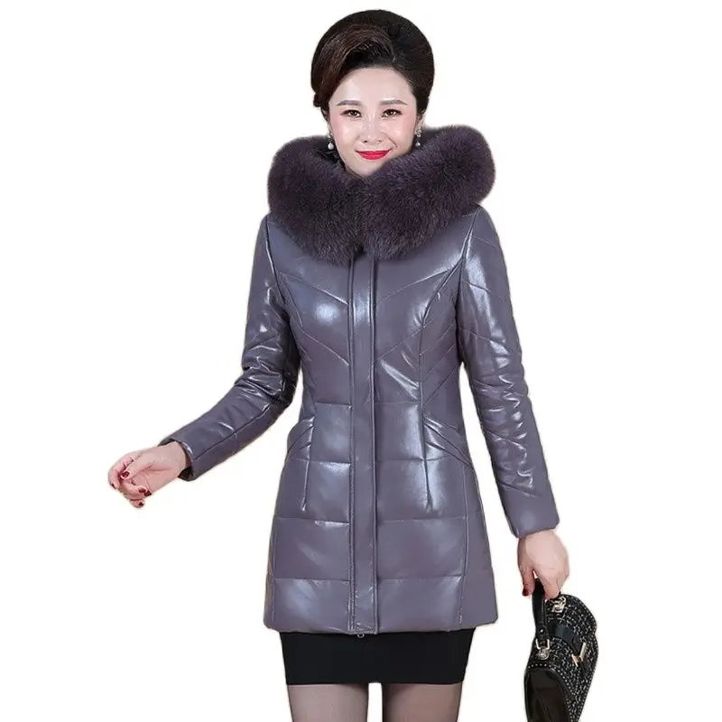 L-8XL Woman Leather Jacket Winter 2022 Fashion Overcoat Thicken Warm Fur Collar Hooded Sheepskin Coat Camel Outerwear Female
