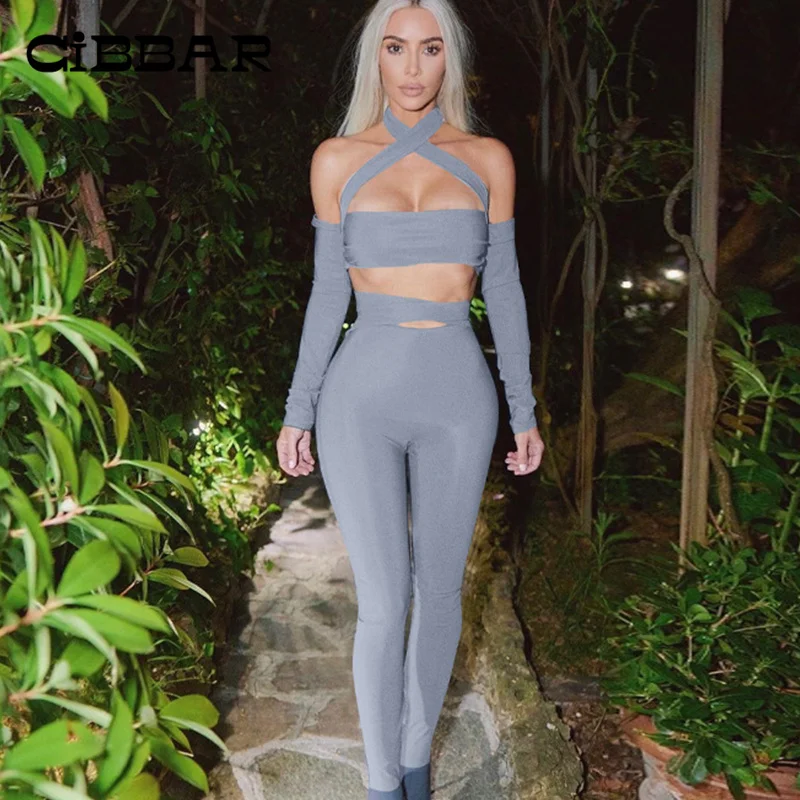 

Комплект элегантных брюк-карандаш CIBBAR Partywear, женский сексуальный укороченный топ с лямкой на шее и брюки с вырезами и высокой талией, облега...