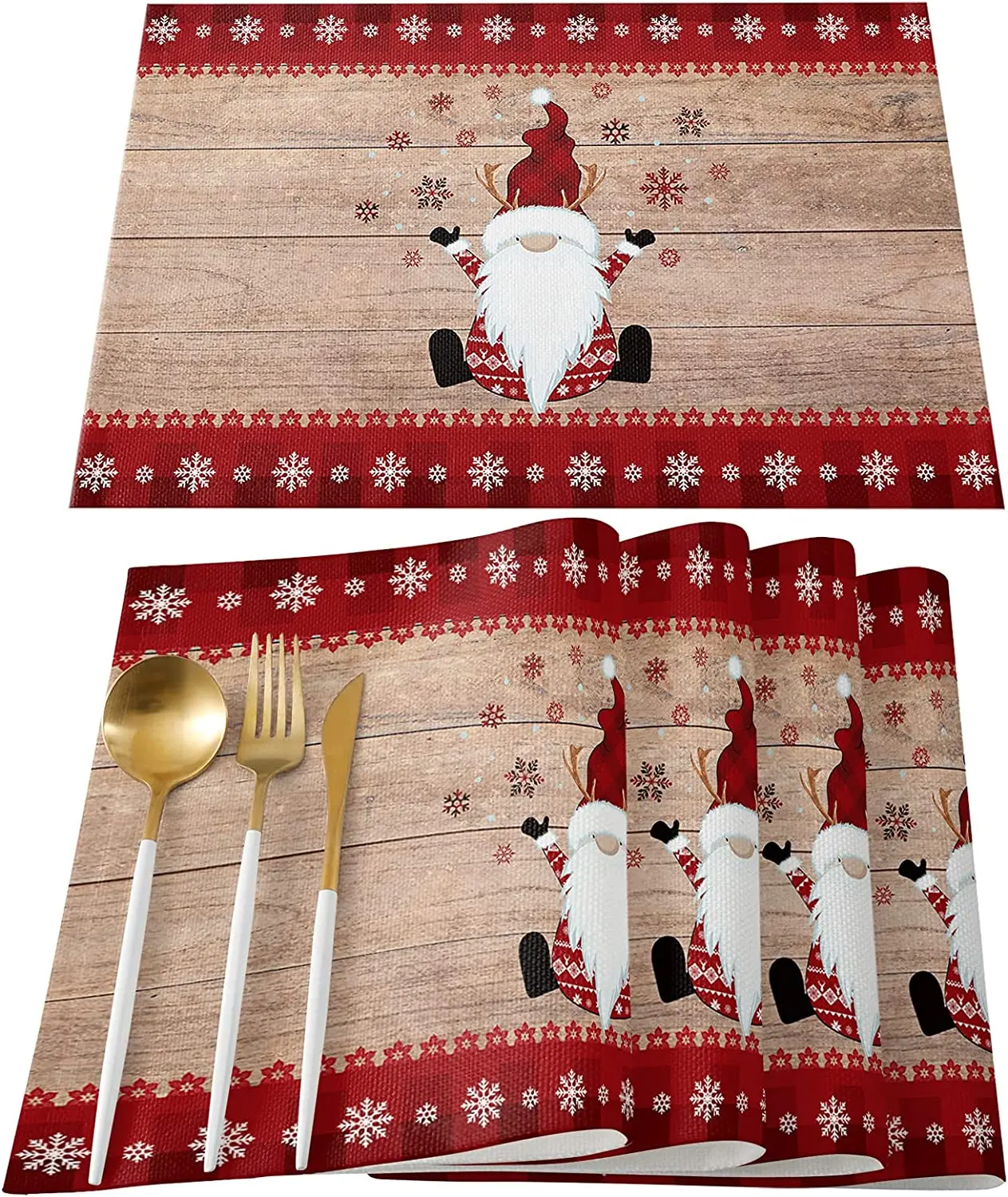 

Christmas Gnome Placemats Set of 4 for Dining Table Merry Christmas Gnome Snowflake Wood Grain Red Plaid Durable Washable