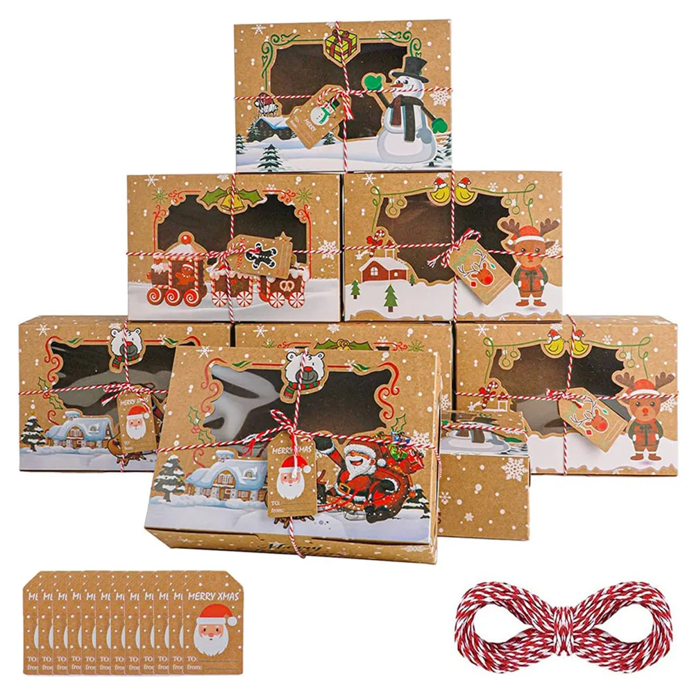 12Pcs Christmas Cookie Boxes Treat Box for Gift Giving Candy Gift Boxes for Packaging with Clear Window Gift Tags Rope 4 Designs